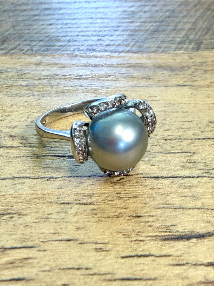Silver Tahitian Perl Cocktail Ring with Pavé Accents