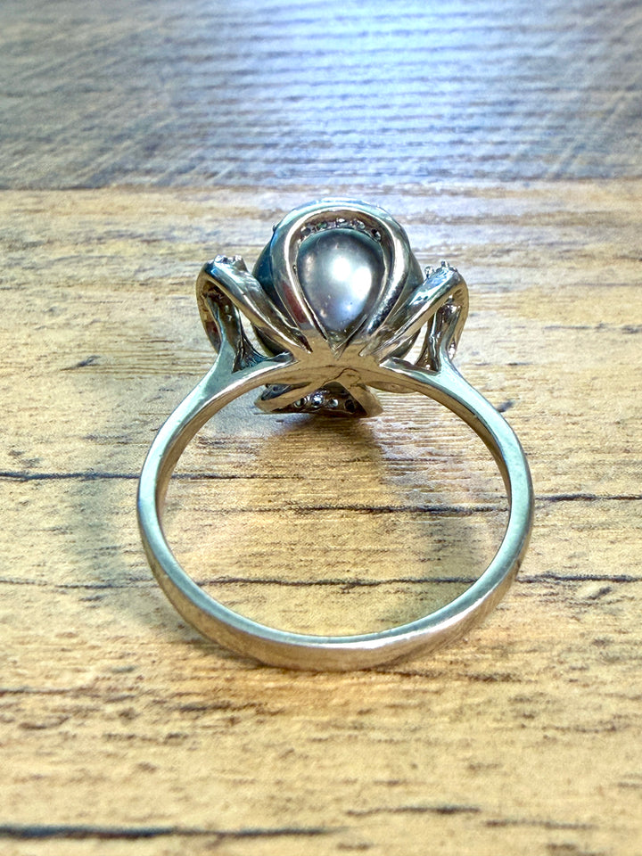 Silver Tahitian Perl Cocktail Ring with Pavé Accents