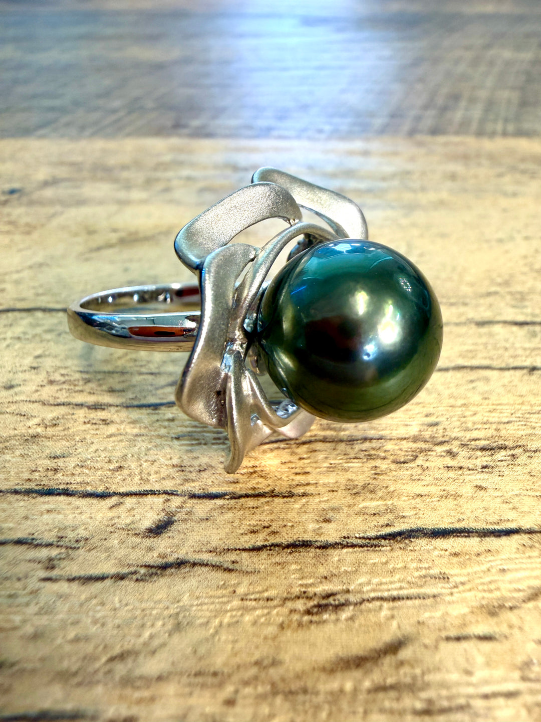 Tahitian Black Pearl Silver Sculptural Cocktail Ring
