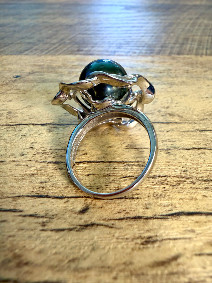Tahitian Black Pearl Silver Sculptural Cocktail Ring