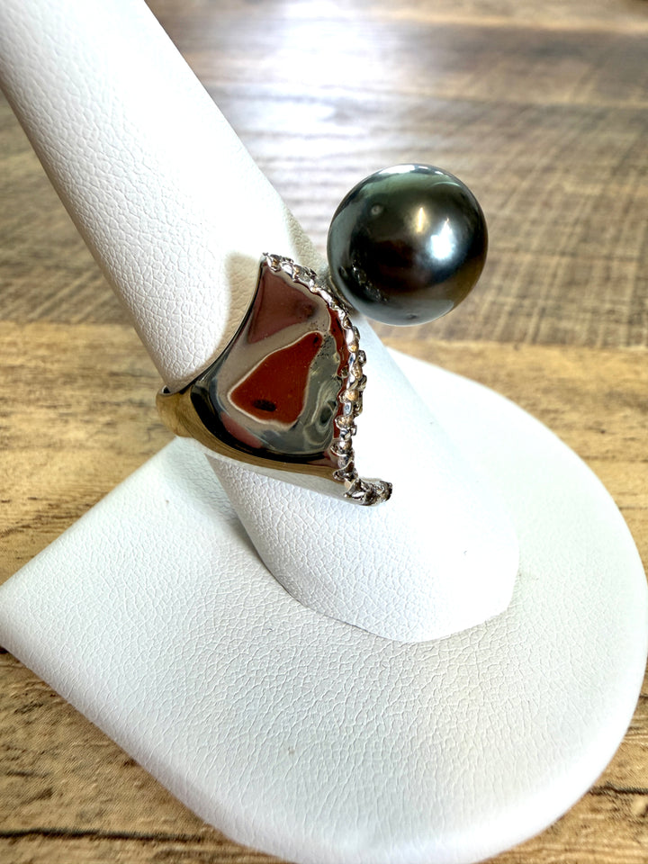 Modern Asymmetrical Tahitian Black Pearl Cocktail Ring