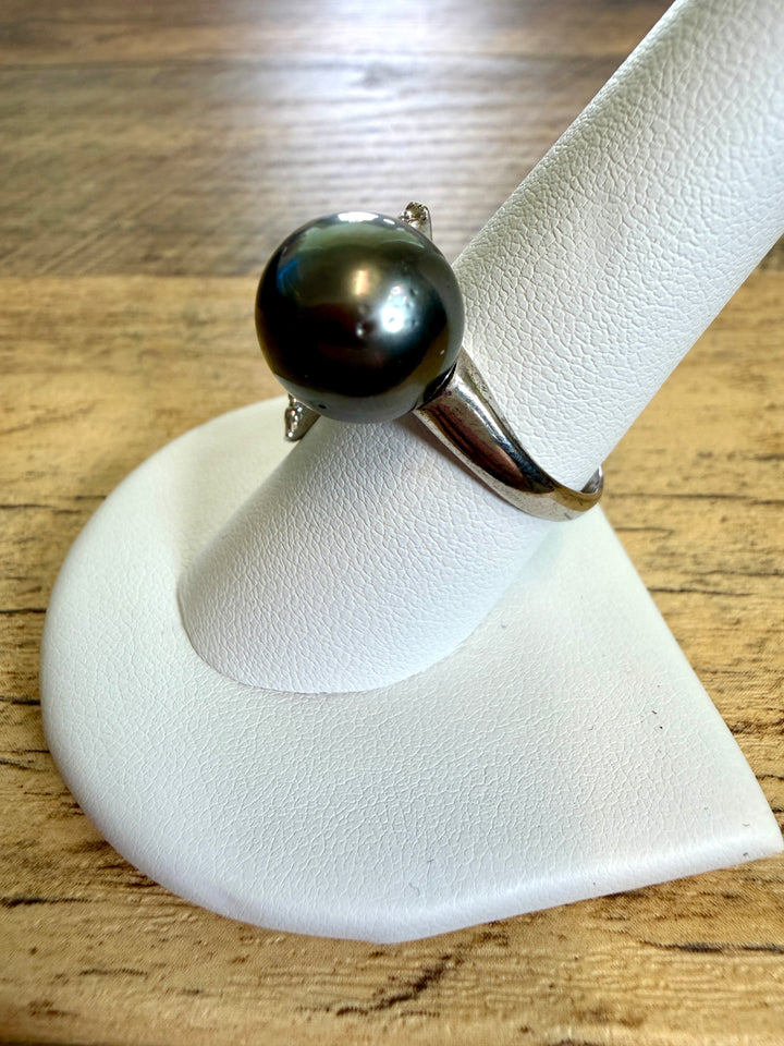 Modern Asymmetrical Tahitian Black Pearl Cocktail Ring