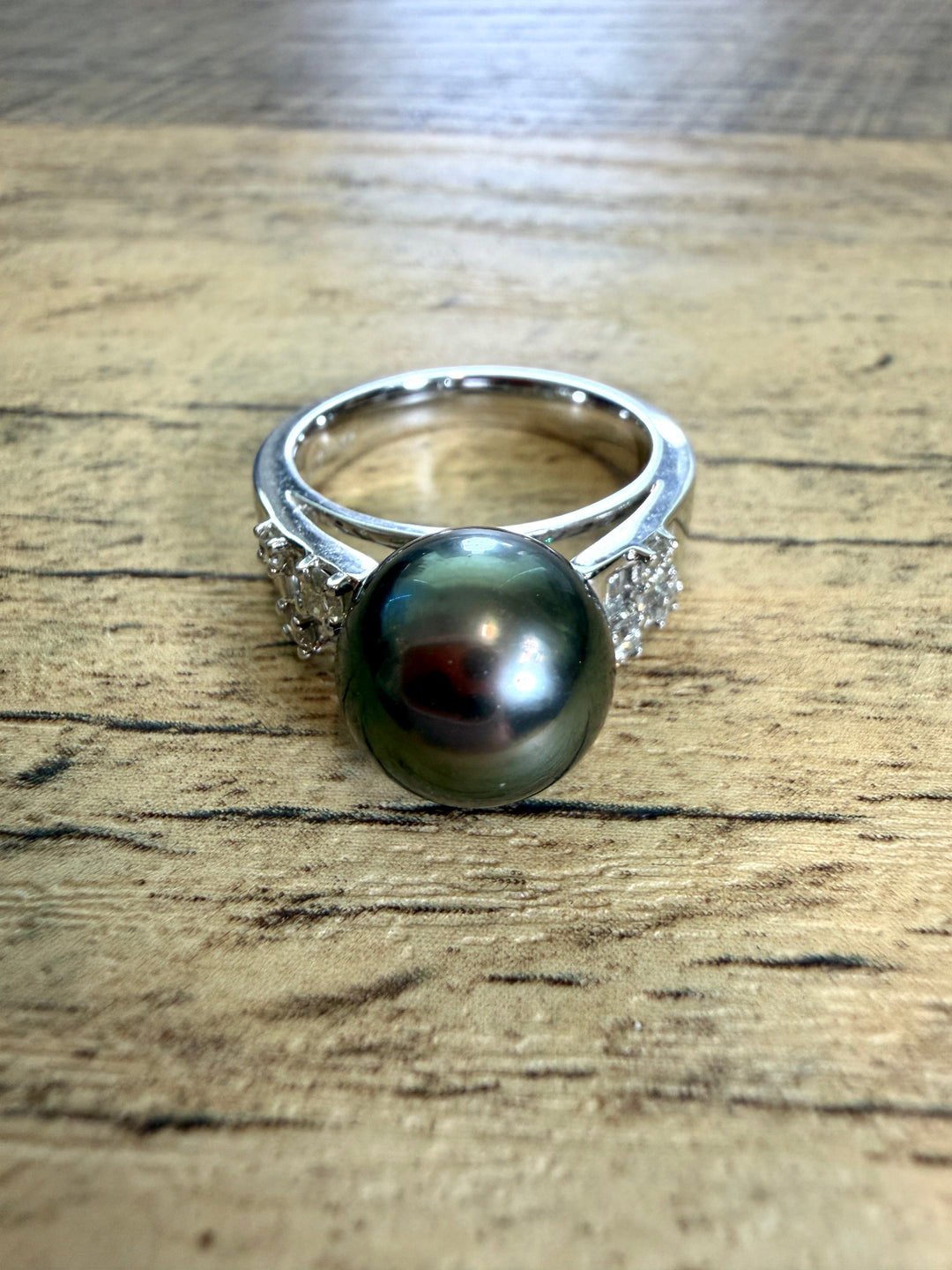 Tahitian Black Pearl and Diamond Cocktail Ring in 18k White Gold