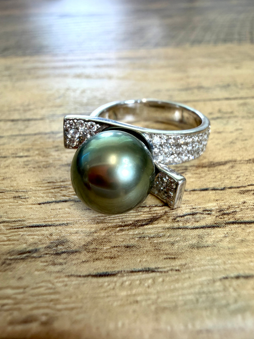 Tahitian Pearl 18k White Gold Pearl Bypass Cocktail Ring with Diamond Accents