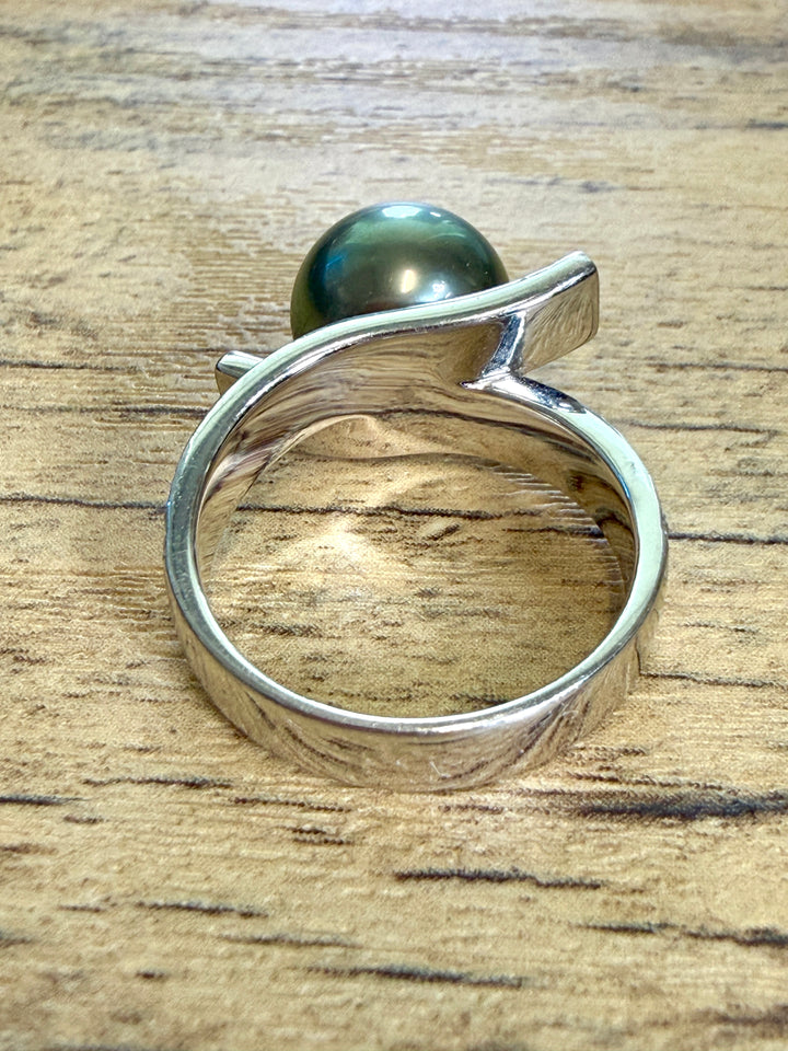 Tahitian Pearl 18k White Gold Pearl Bypass Cocktail Ring with Diamond Accents