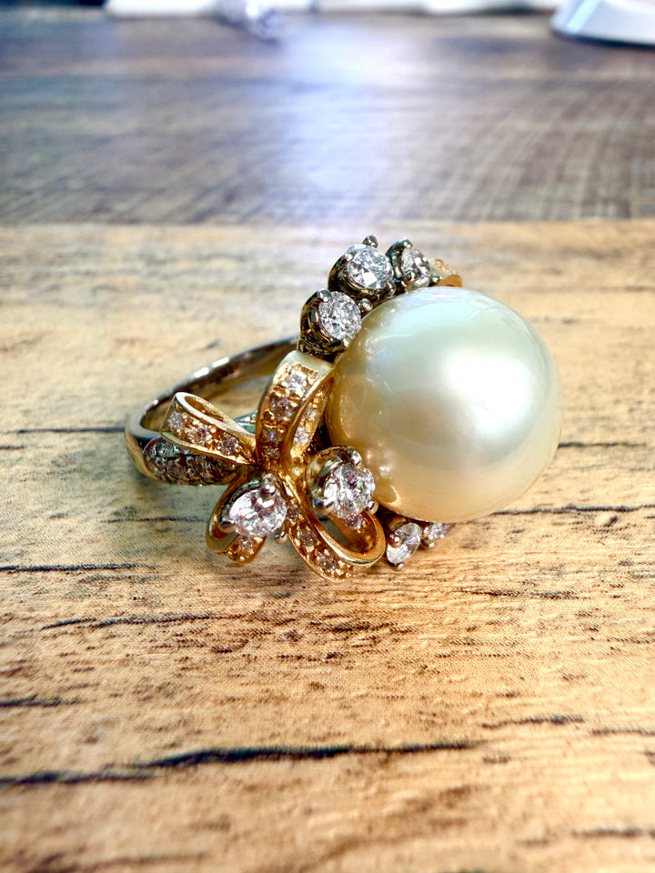 14k Gold South Sea Pearl Cocktail Ring with Diamond Bow Motif
