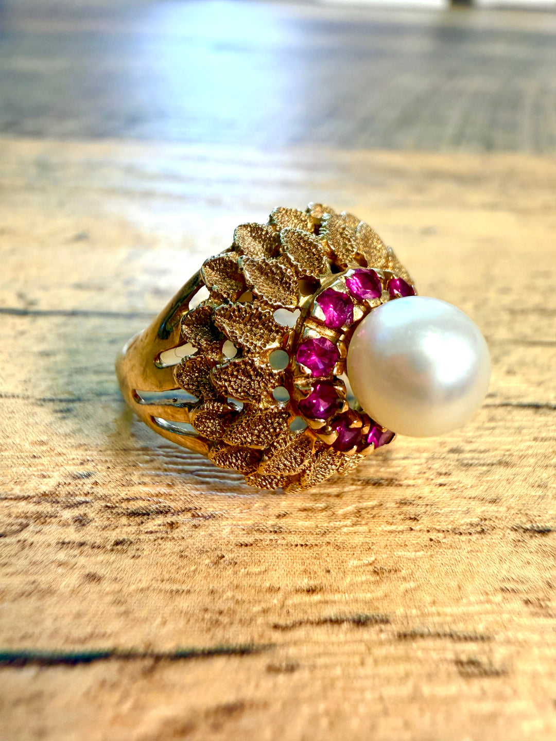 Antique Floral Pearl and Ruby Cocktail Ring in Yellow Gold