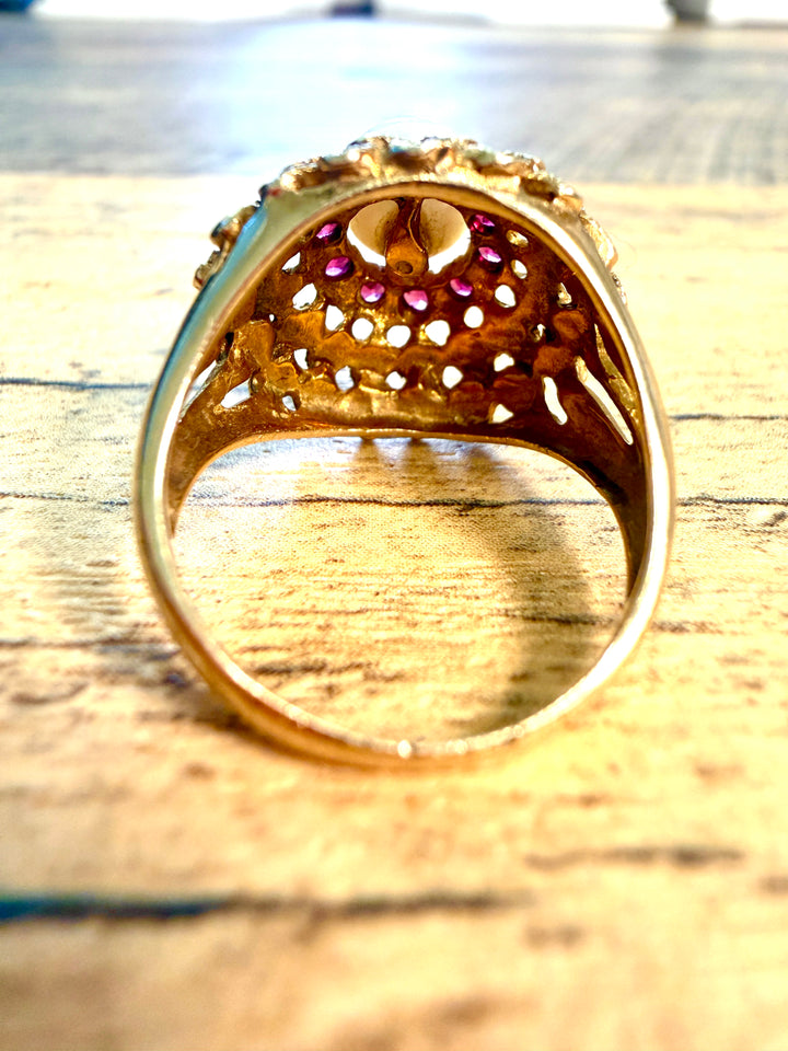 Antique Floral Pearl and Ruby Cocktail Ring in Yellow Gold