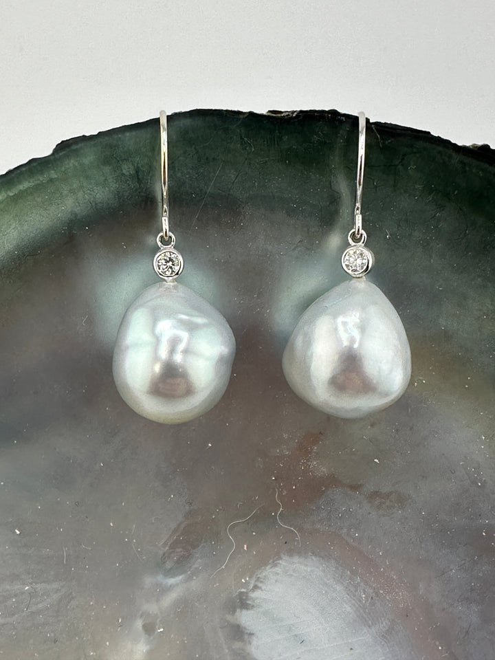 18k Diamond South Seas Pearl Earrings