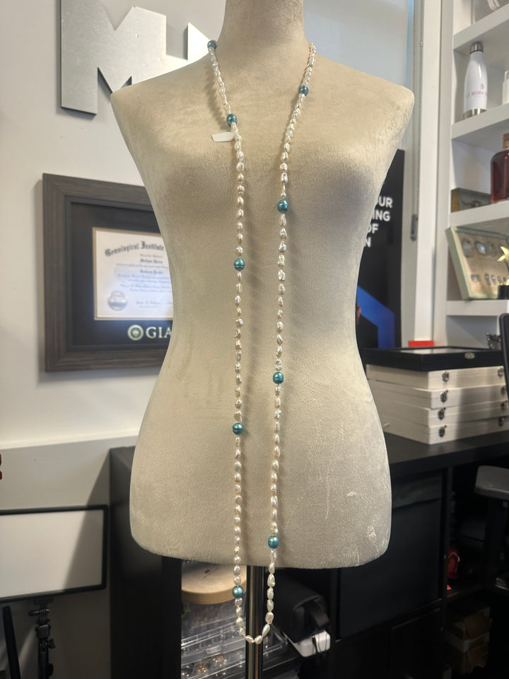 Flapper length white and turquoise freshwater pearl necklace