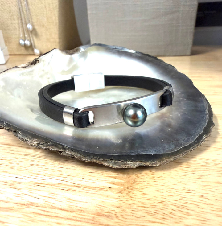 Men's Leather and Steel Tahitian Pearl Bracelet