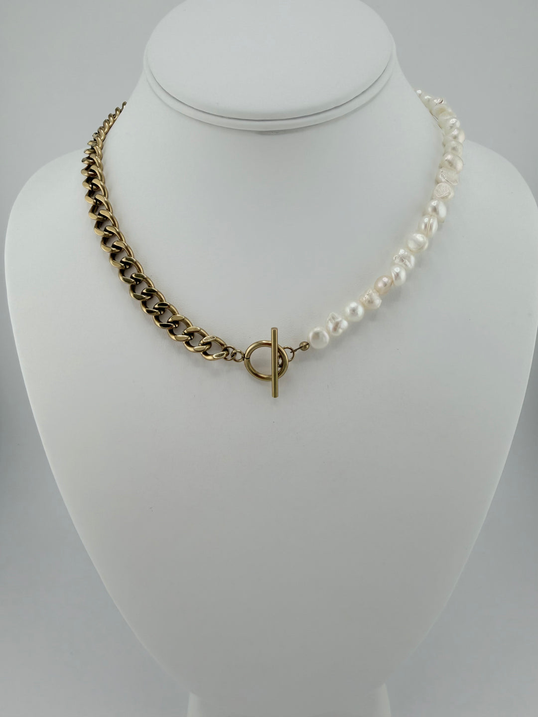 Brass Cuban Chain With Freshwater Pearls 17.5"