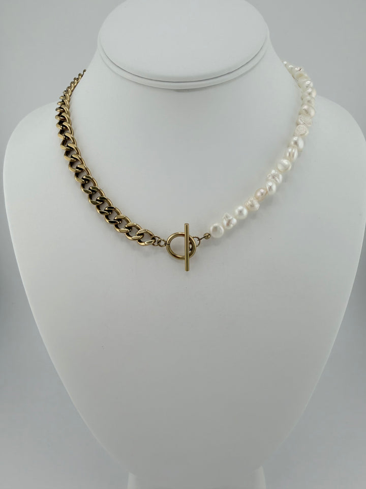 Brass Cuban Chain With Freshwater Pearls 17.5"