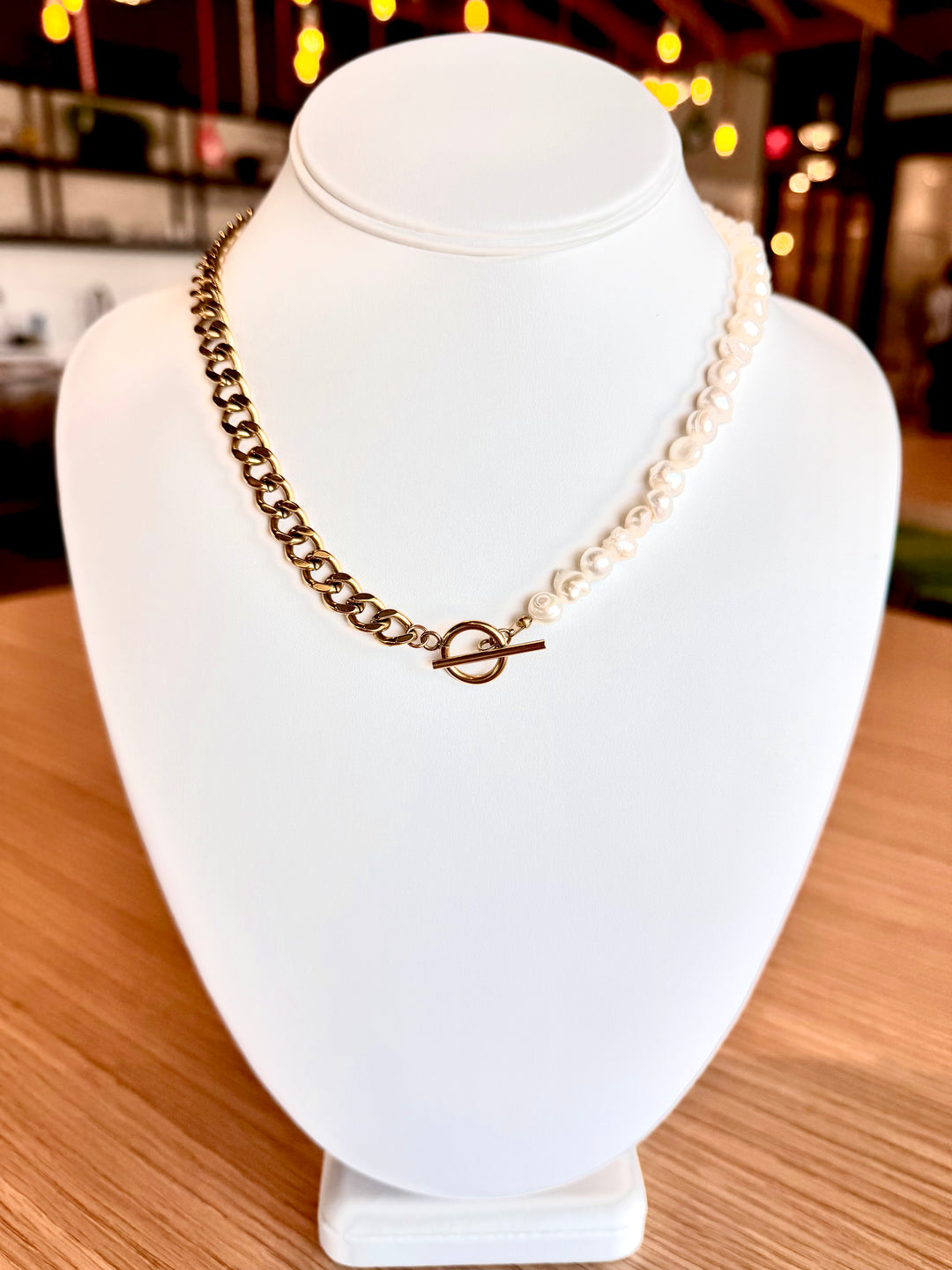 Brass Cuban Chain With Freshwater Pearls 17.5"