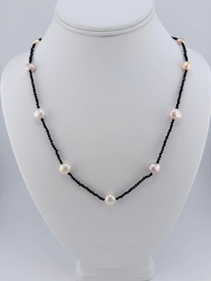 Black Spinel Freshwater Pearl Station Necklace