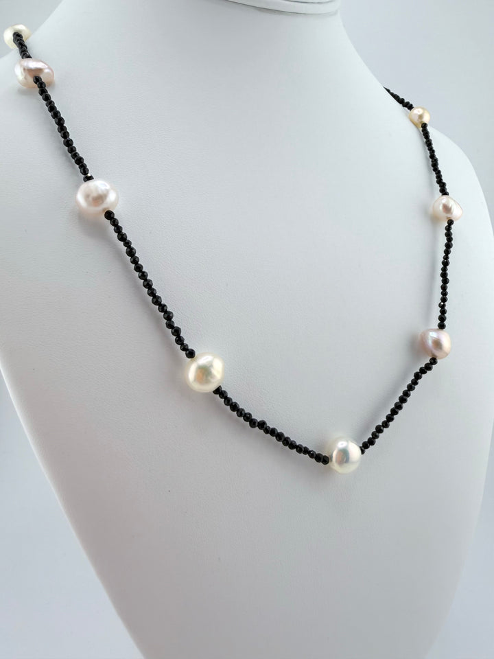 Black Spinel Freshwater Pearl Station Necklace