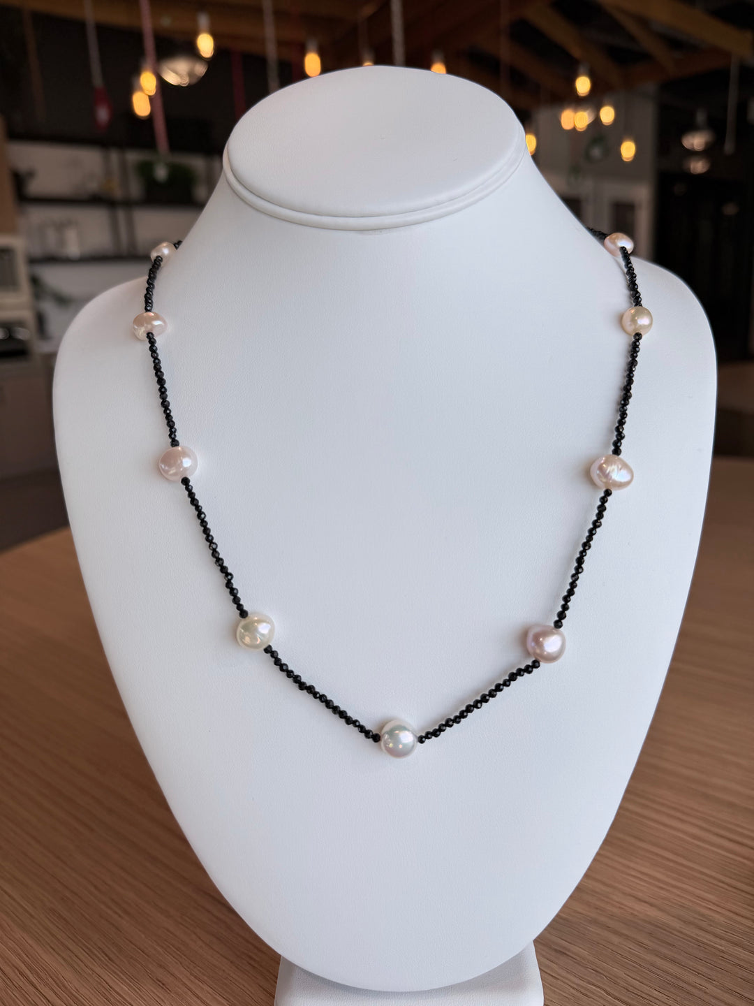 Black Spinel Freshwater Pearl Station Necklace
