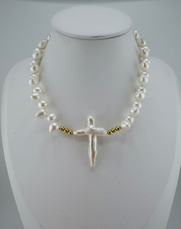 Spiked Freshwater Pearl Cross Choker Necklace