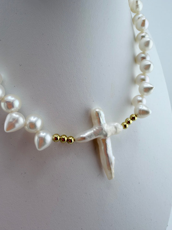 Spiked Freshwater Pearl Cross Choker Necklace