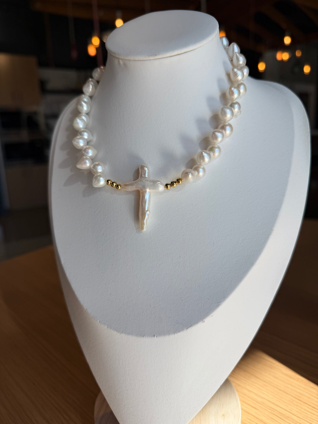 Spiked Freshwater Pearl Cross Choker Necklace