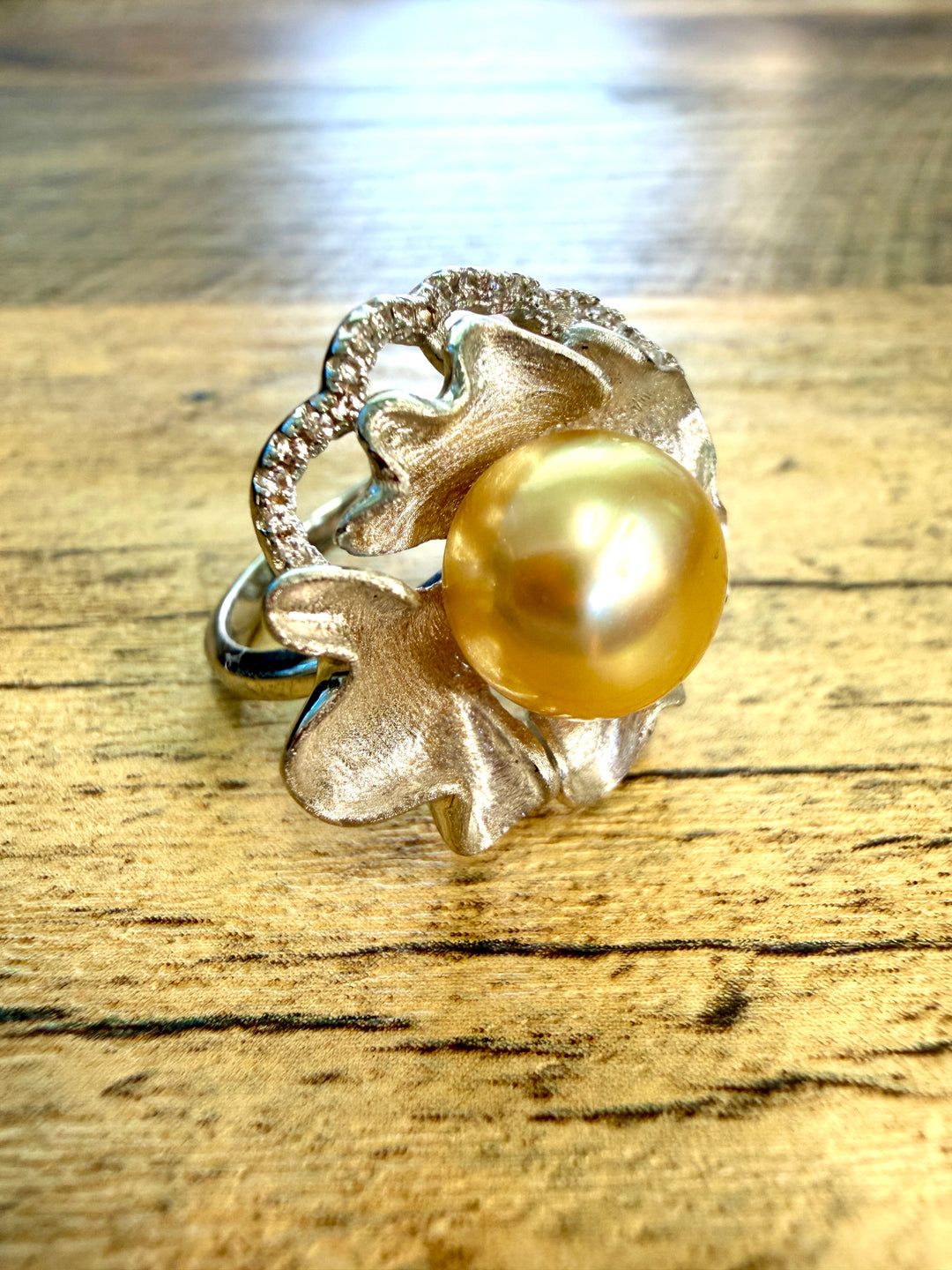 Golden South Sea Pearl Sculpted Floral Cocktail Ring