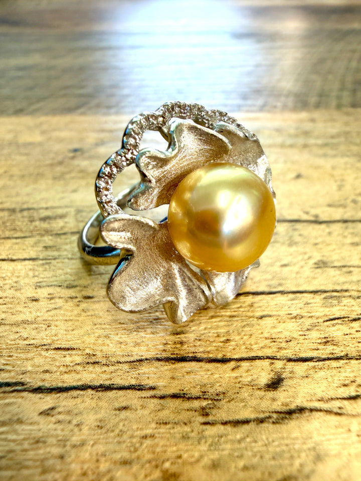 Golden South Sea Pearl Sculpted Floral Cocktail Ring