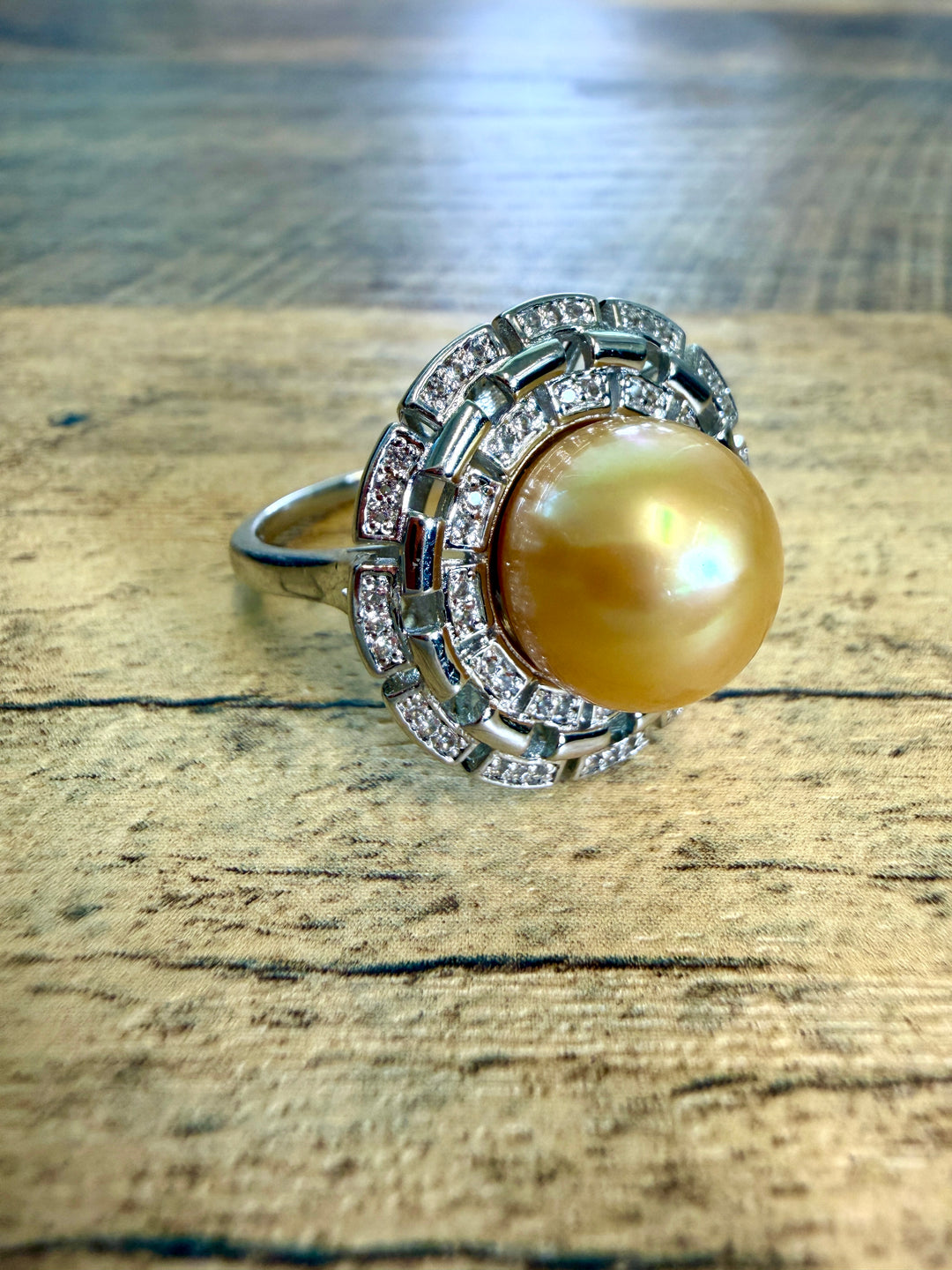 Golden South Sea Pearl Halo Cocktail Ring in Silver