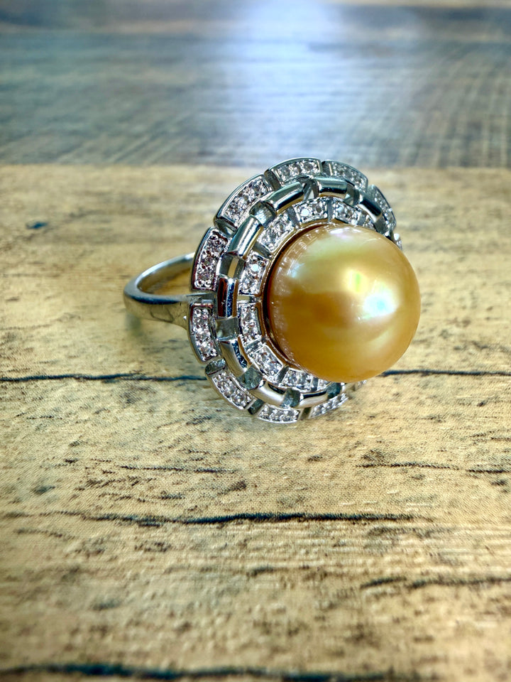 Golden South Sea Pearl Halo Cocktail Ring in Silver