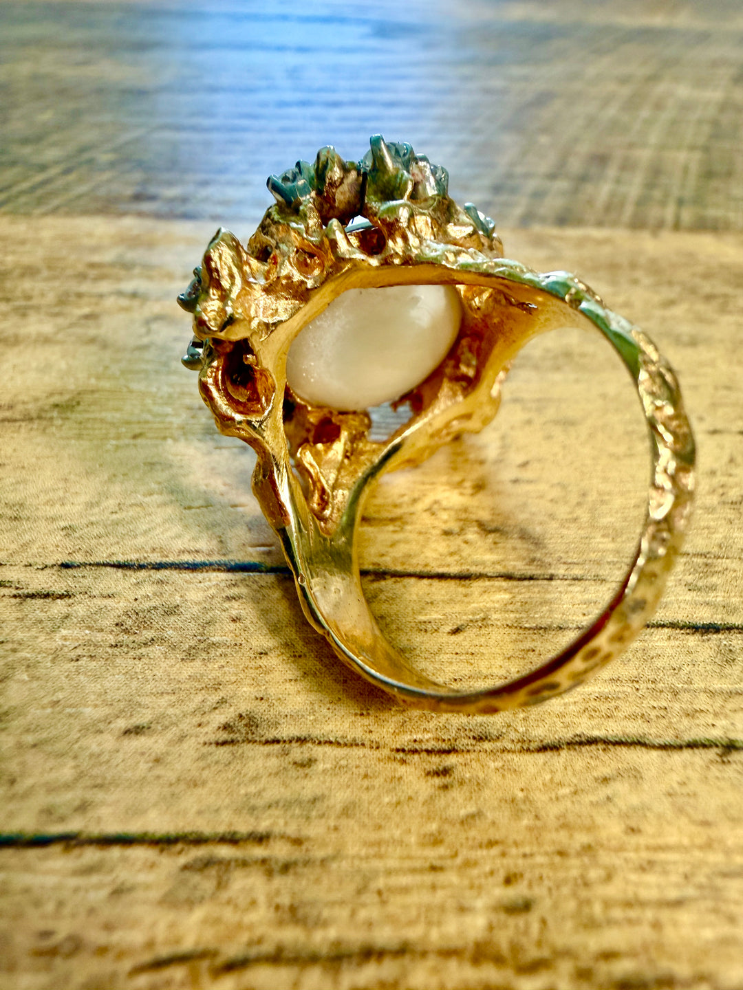 Textured Antique  "Brutalist" Style 14k Yellow Gold Mabe Pearl and Diamond Accent Cocktail Ring
