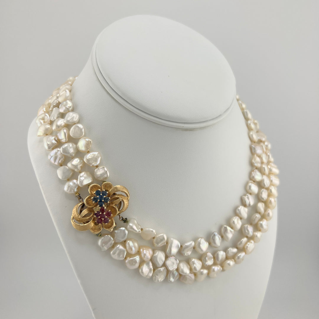 Vintage 14k Ruby Sapphire Pearl Necklace