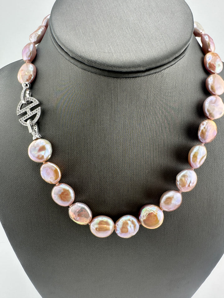 Peach / Lavender High Luster Coin pearl Necklace