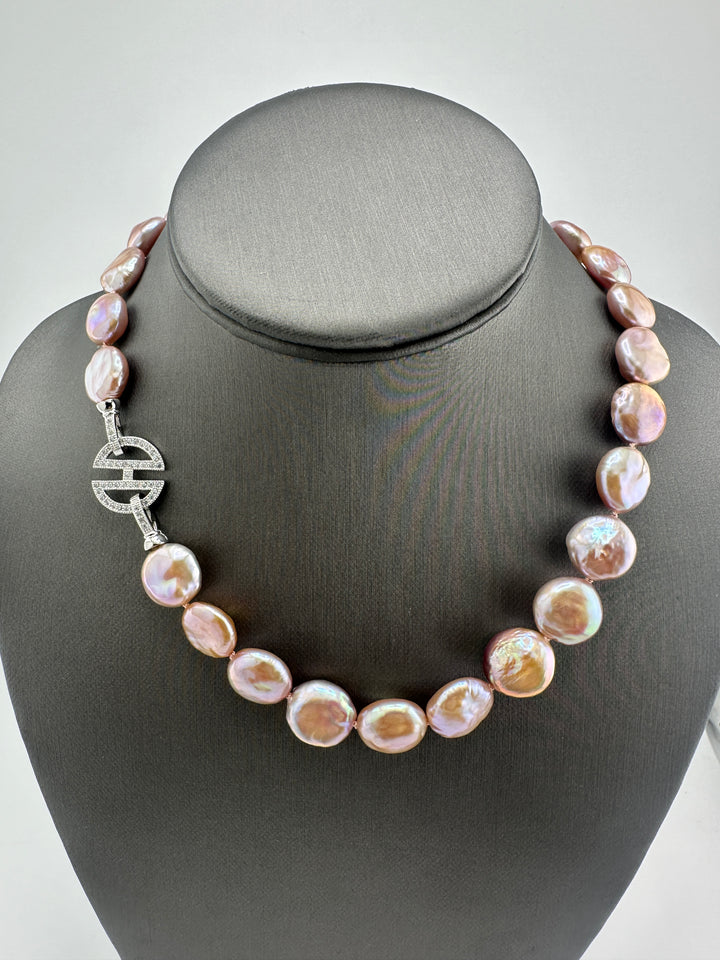 Peach / Lavender High Luster Coin pearl Necklace