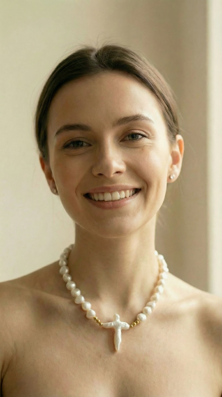 Spiked Freshwater Pearl Cross Choker Necklace