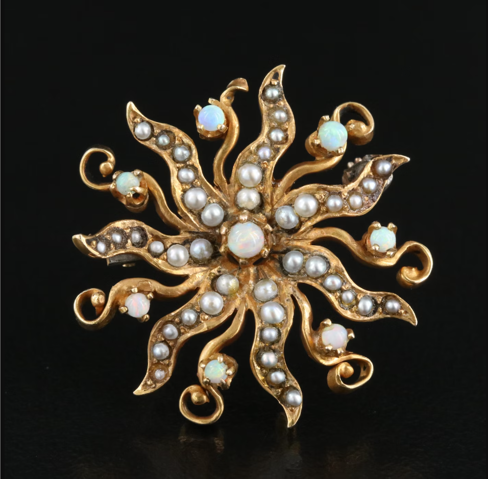 Antique 14k Opal Seed Pearl Brooch Pendant