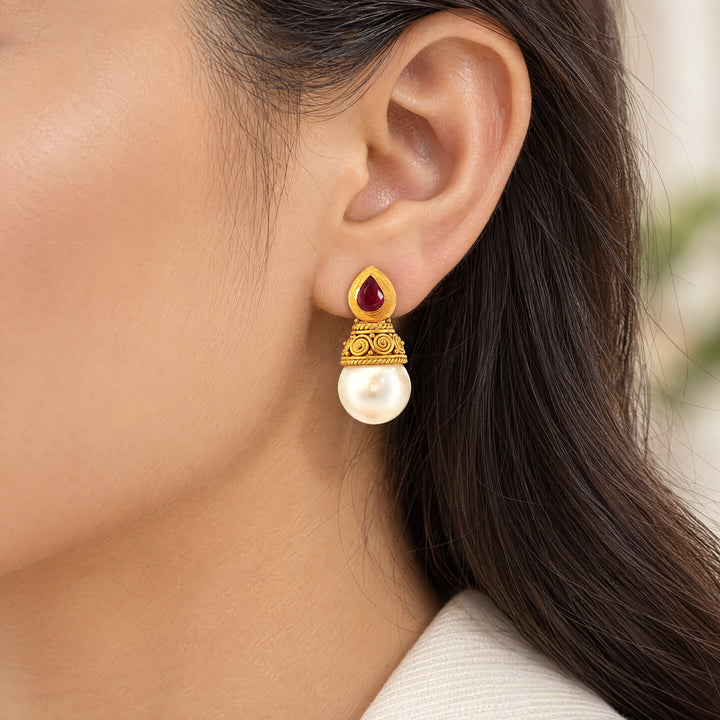 22k Yellow Gold South Sea Pearl and Ruby Drop Earrings
