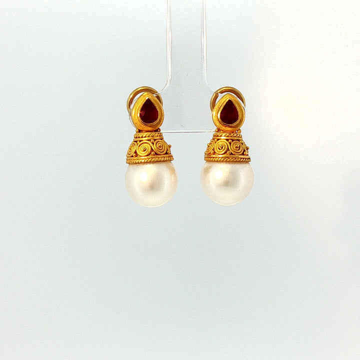 22k Yellow Gold South Sea Pearl and Ruby Drop Earrings