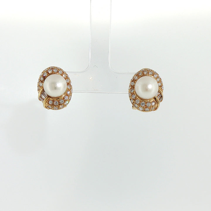 Akoya Pearl and Diamond Cluster Earrings in 14k Yellow Gold