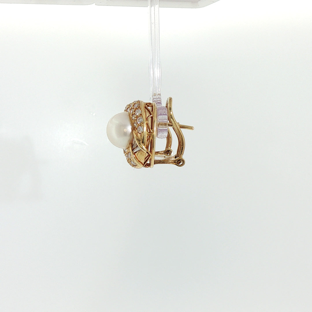 Akoya Pearl and Diamond Cluster Earrings in 14k Yellow Gold