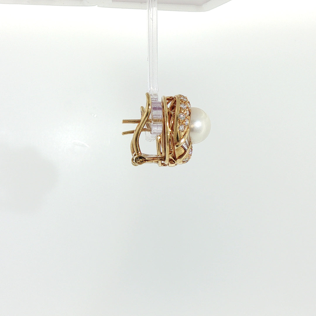 Akoya Pearl and Diamond Cluster Earrings in 14k Yellow Gold
