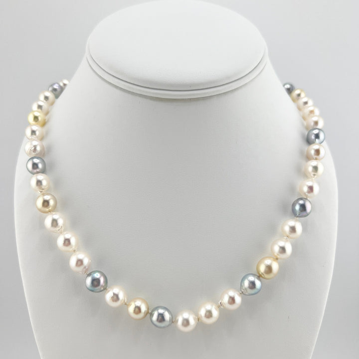 Multicolored Akoya Pearl Necklace on 14K with Diamond