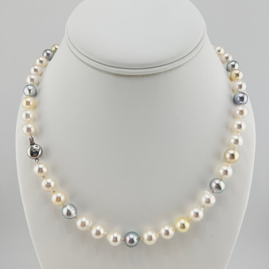 Multicolored Akoya Pearl Necklace on 14K with Diamond