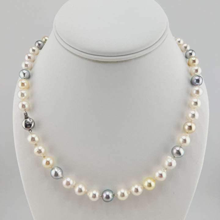 Multicolored Akoya Pearl Necklace on 14K with Diamond