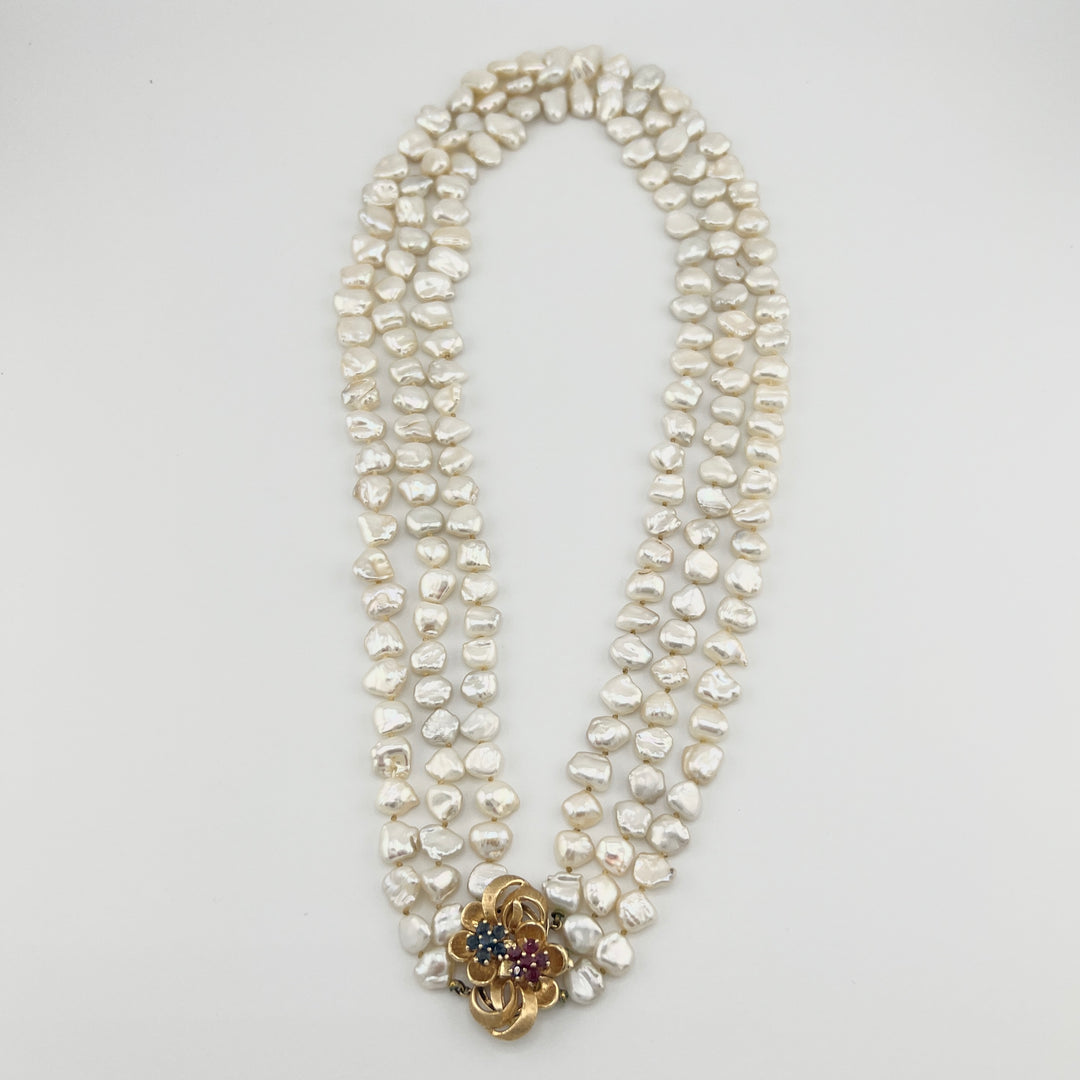 14k Ruby Sapphire Freshwater Pearl Necklace