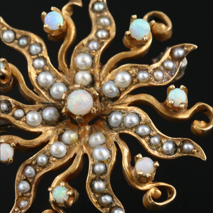 Antique 14k Opal Seed Pearl Brooch Pendant