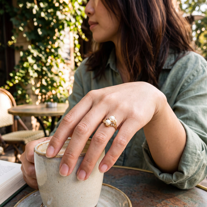 Vintage Two-Pearl Floral Ring in 14k Yellow Gold