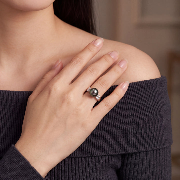 Tahitian Black Pearl and Diamond Cocktail Ring in 18k White Gold