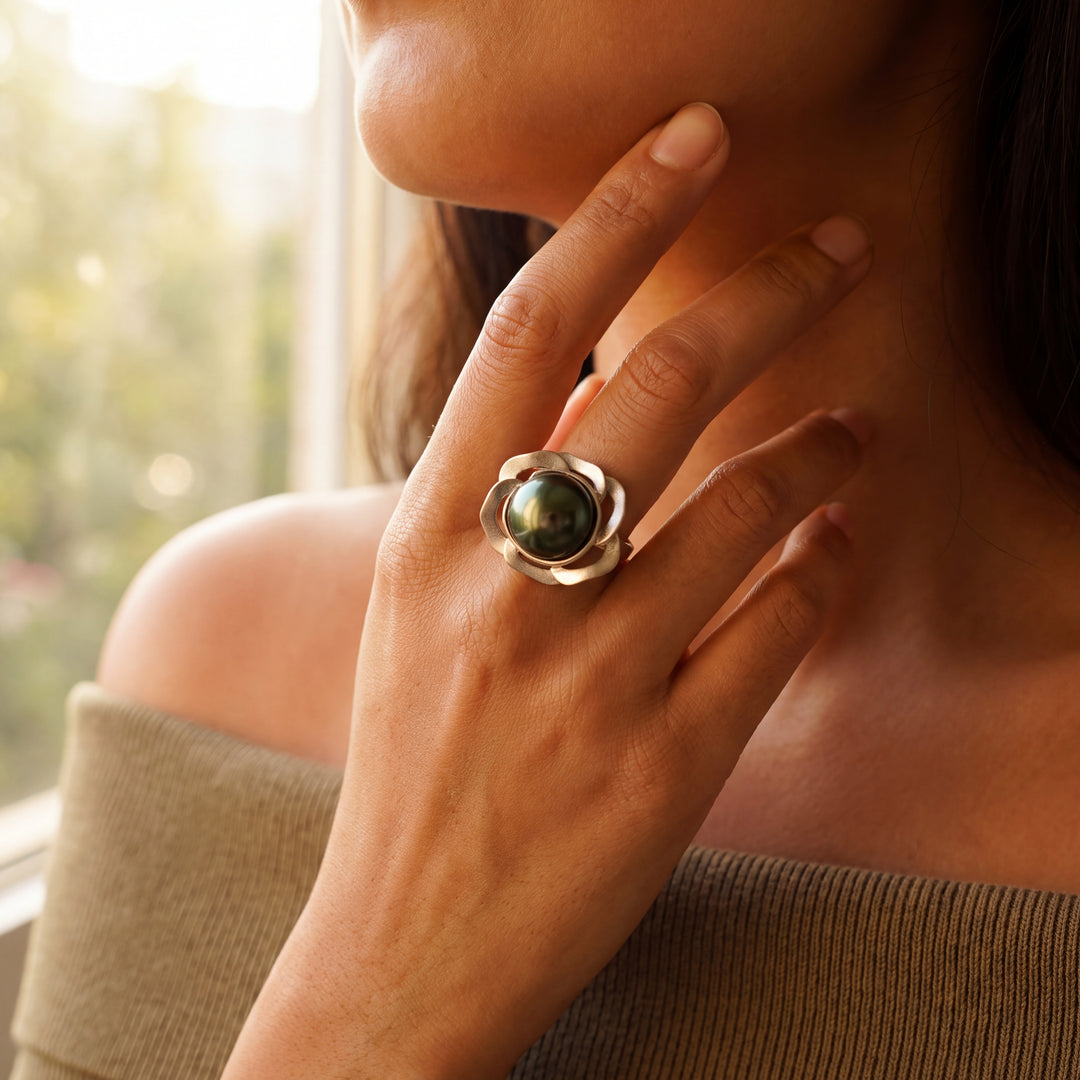 Tahitian Black Pearl Silver Sculptural Cocktail Ring
