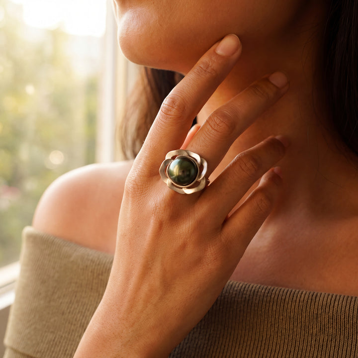 Tahitian Black Pearl Silver Sculptural Cocktail Ring