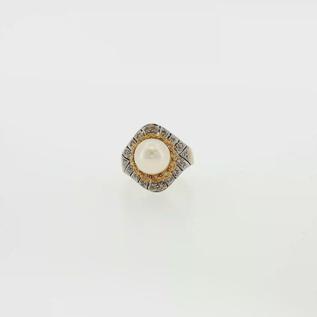 Antique Bi-colored 18k Gold Akoya Pearl Cocktail Ring with Diamonds