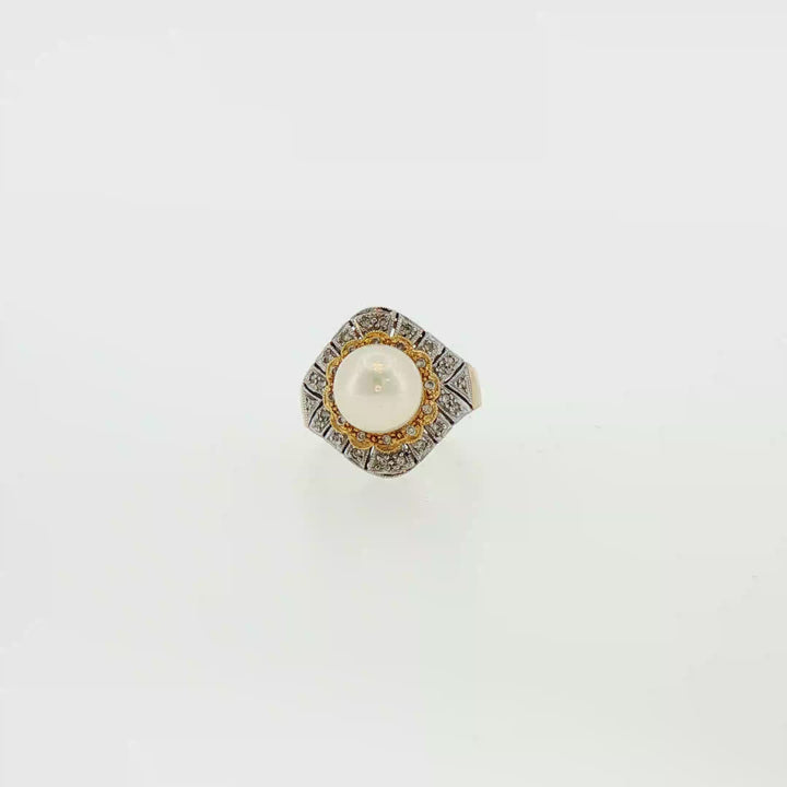 Antique Bi-colored 18k Gold Akoya Pearl Cocktail Ring with Diamonds